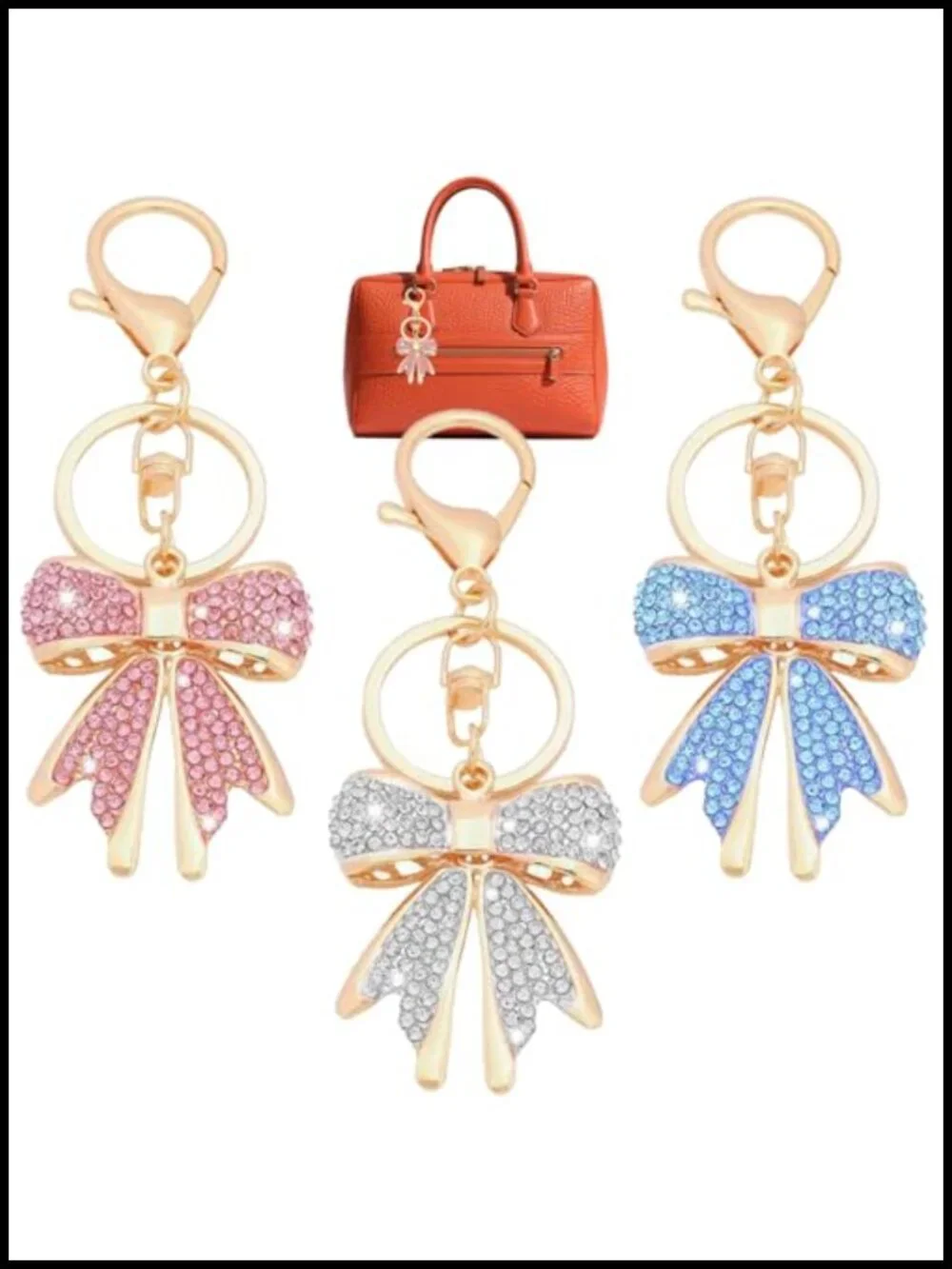 Set of 3 Rhinestone Bow Keychains with Gold Tone - Cute Purse Charm Accessory
